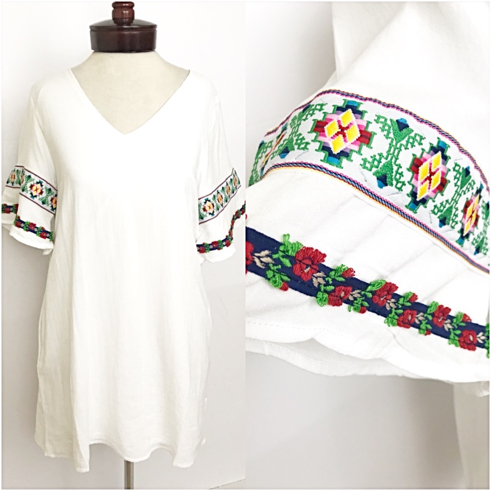 Boho White Embroidered Tunic Dress S - Picture 6 of 6